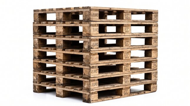 Stack of five wooden euro pallets for logistics, shipping, and cargo transportation.