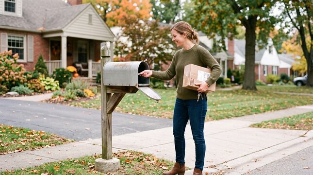 Woman mailing package at mailbox in autumn suburban neighborhood with colorful trees and fallen leaves