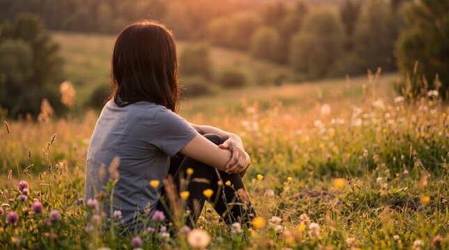 Woman sitting alone in wildflower meadow at golden hour sunset, peaceful contemplation and mindfulness in nature, serene landscape with soft focus, emotional wellness and mental