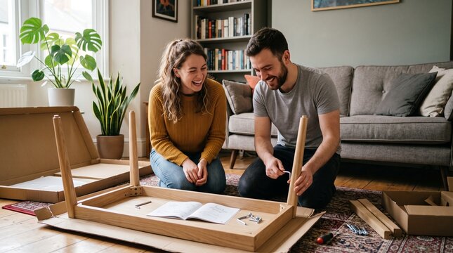 Happy couple assembling flat pack furniture together in their living room with instructions and tools