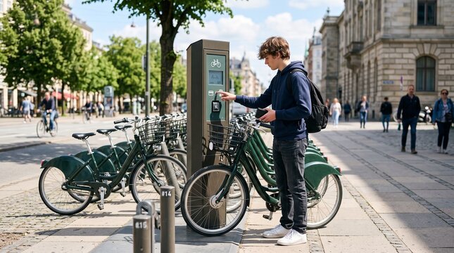 Young man using a bike share station kiosk to rent a bicycle in a European city street