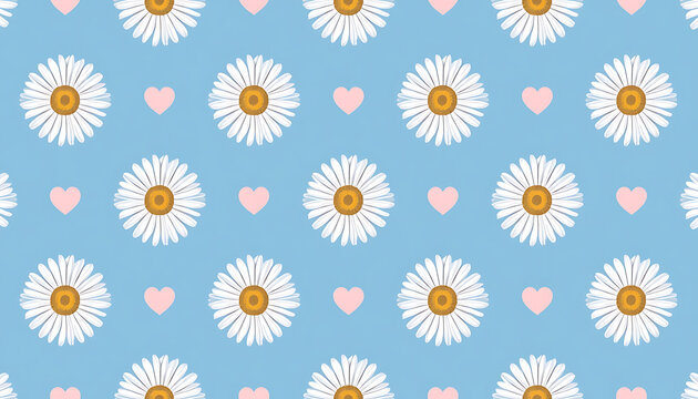 Daisy flower and pink heart seamless pattern on blue background.