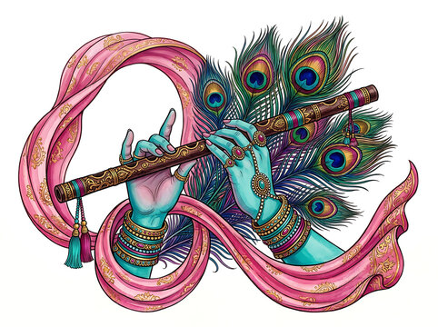 Blue hands playing a wooden flute with peacock feathers and pink silk fabric
