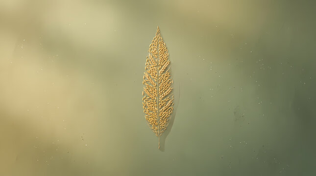 Minimalist 3D architectural background featuring a low opacity elongated leaf silhouette constructed from ripe golden grain stalks over a green and yellow surface