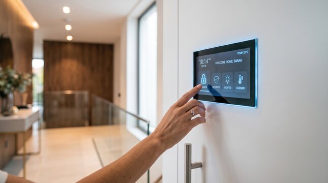 Woman hand using modern smart home security touchscreen panel to control house automation system locking doors and adjusting temperature settings in luxury interior hallway