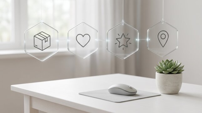 Modern holographic interface icons floating above clean desk, symbolizing digital workflow, customer satisfaction, quality rating and location tracking in minimalist workspace.
