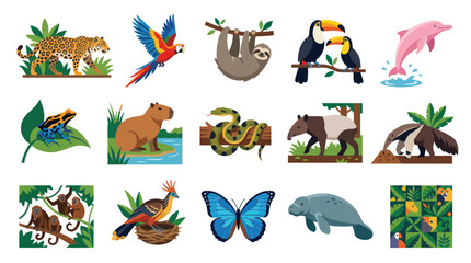 Naklejka premium Colorful Flat Vector Icons of Amazon Rainforest Animals and Nature