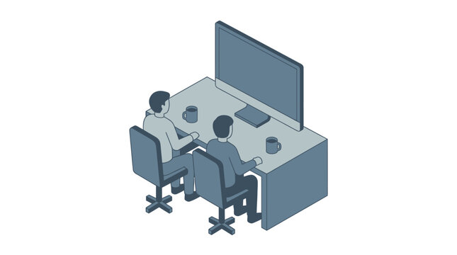 Isometric illustration of two people collaborating at a workstation desk