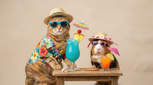 Funny cat and guinea pig wearing tropical summer outfits with cocktails on a table