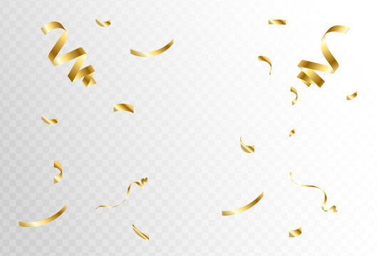 Gold confetti and ribbon streamers falling on a transparent background. blurred. Vecto eps 10 soft gold