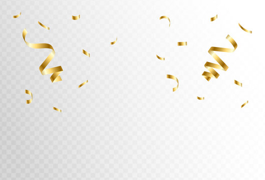 Confetti explosion on transparent background. Pieces of shiny gold paper flying and spreading