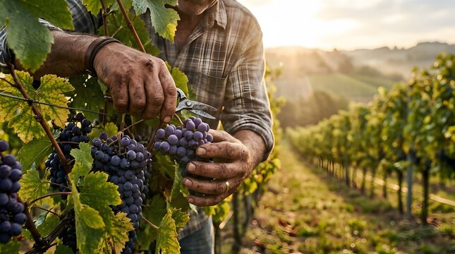 Farmer carefully harvesting ripe red grapes in a sunlit vineyard during autumn harvest season.