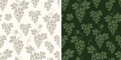 Naklejka premium Seamless patterns with grape vines. Grape silhouettes patterns. Set of vector seamless prints in green and beige colors