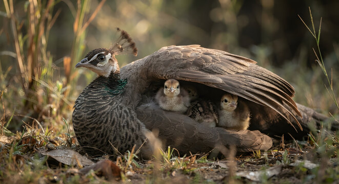 A protective peahen sheltering her small chicks under her wing in the wild