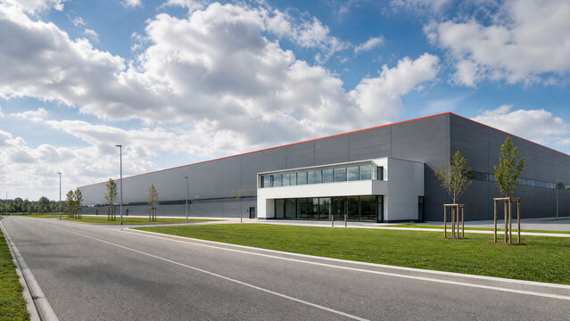 Modern industrial warehouse building exterior, large logistics distribution center facility, contemporary commercial storage depot with glass entrance, blue sky with clouds, green grass lawn