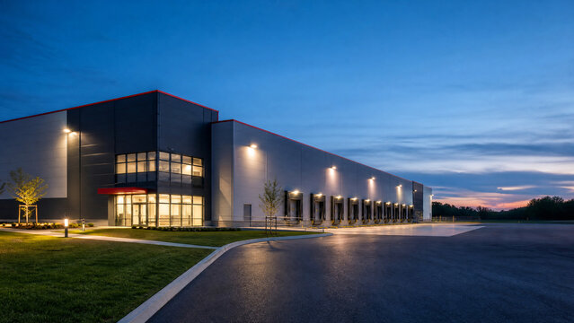 Modern industrial warehouse building with glass facade exterior at dusk. Commercial logistics distribution center with loading docks. Dark blue twilight sky, paved parking lot, exterior lights.