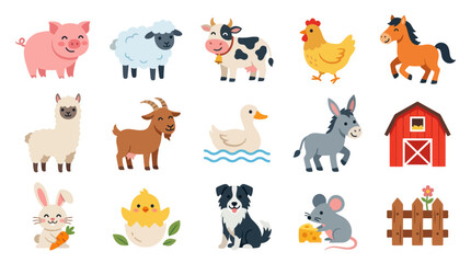 Naklejka premium Cute Farm Animals Collection: Flat Vector Cartoon Characters Including Pig, Cow, Chicken, Horse, and Barn.