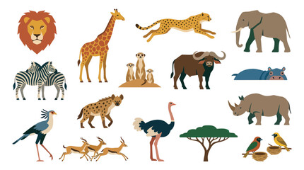 Naklejka premium Flat Vector African Wildlife Animals Collection. Safari Nature Fauna Icons Set.