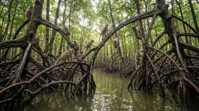 Wild macaques climbing on mangrove tree roots in a lush tropical forest river environment.