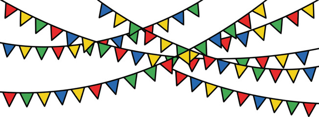 Obraz premium Colorful party bunting flags hanging on strings for celebration and birthday events