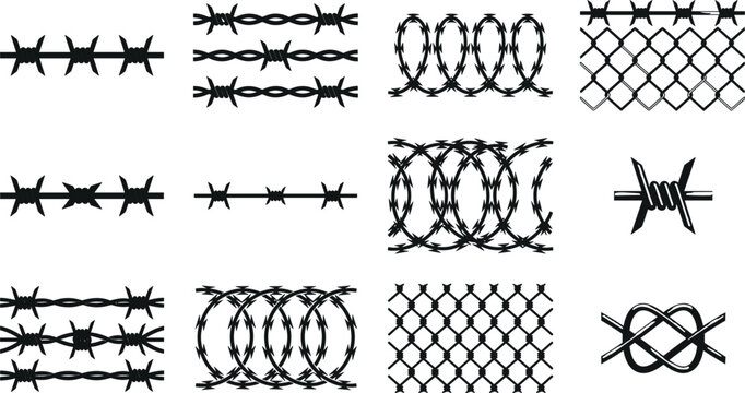 Barbed Wire and Chain Link Fence Silhouette Icon Set with Security, Prison, Border Control, and Military Protection Symbols for Graphic Designs