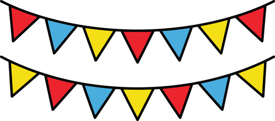 Obraz premium Colorful party bunting flags hanging on strings for celebration and festive events