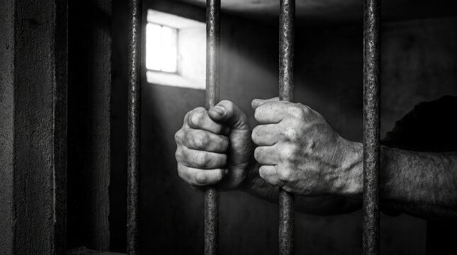 A haunting image depicting despair and confinement showing hands gripping cold bars evoking themes of imprisonment and lost freedom