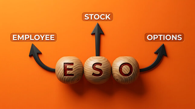 Wooden spheres spelling out employee stock options with arrows with labels orange background eso arrows pointing compensation professional with investment