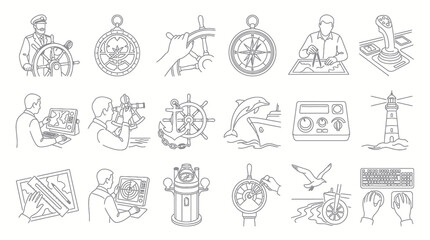 Fototapeta premium Nautical Icons: Ship Wheel, Compass, Lighthouse, Navigation Tools Line Art