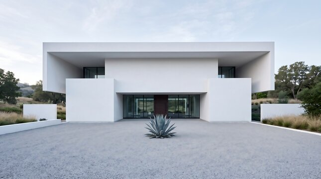 Modern Minimalist White Villa Facade with Agave Courtyard