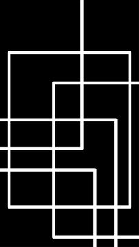 Abstract geometric line pattern on black background with white intersecting squares and rectangles.