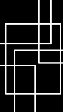 abstract geometric composition with intersecting white lines forming overlapping rectangular shapes on black background.
