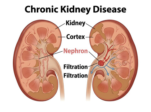 Kidney anatomy showing chronic kidney disease process isolated on white background