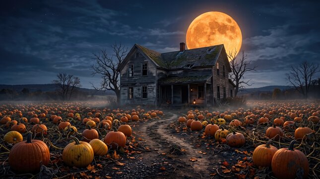 Abandoned farmhouse in pumpkin patch under large orange full moon with eerie fog and bare trees