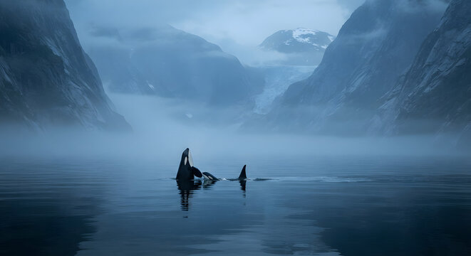 Orca whales swimming in a misty fjord with dramatic mountain scenery