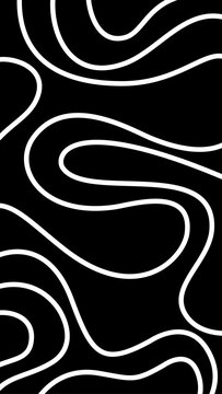 Abstract white wavy line art pattern creating modern dynamic curvy contours on monochrome black background.