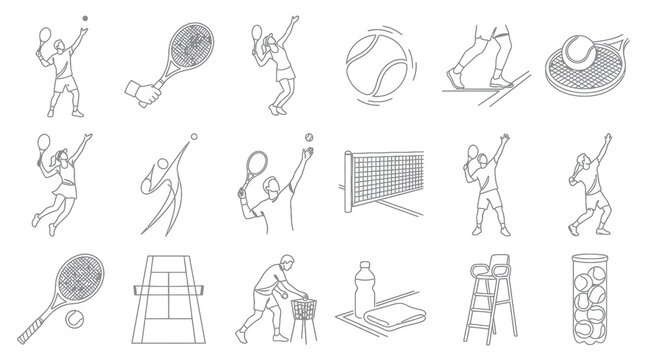 Tennis Sports Line Art Icons Set. Players, Rackets, Balls, Court, Equipment Outline Vector Elements.