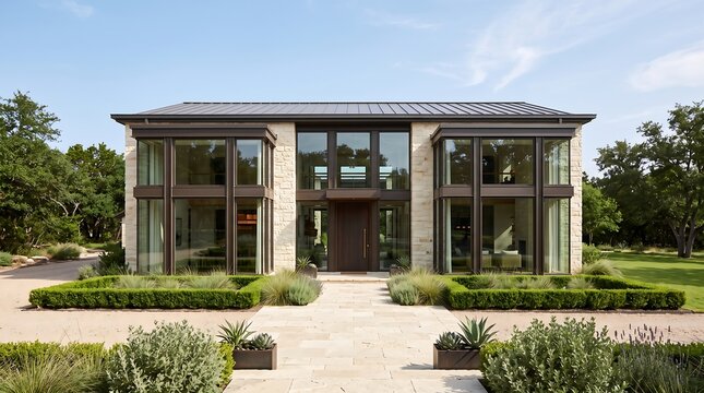 Modern Two-Story Luxury Home Exterior with Stone Walls and Large Windows