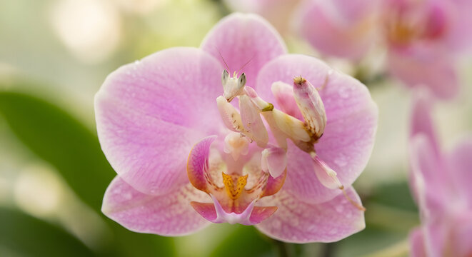 Orchid mantis camouflaged on a pink orchid flower