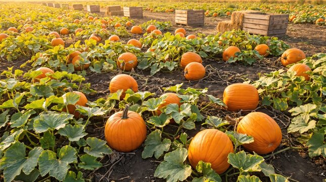 An overhead view of a vibrant pumpkin patch in golden autumn sunlight