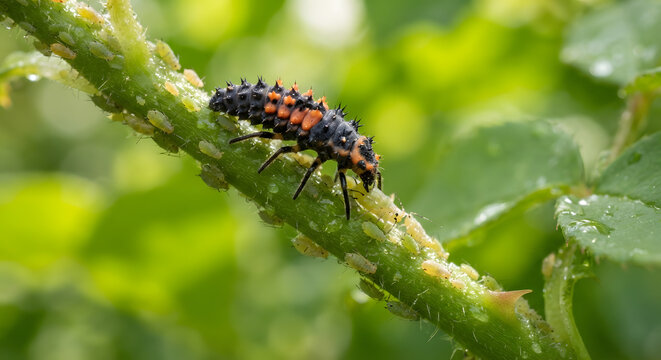 Ladybug larva crawling on a green plant stem covered in aphids