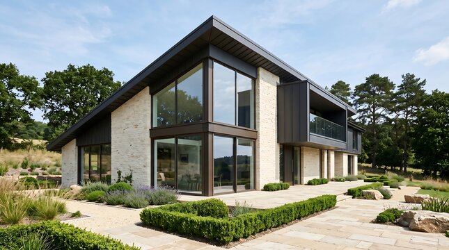 Title: Modern Luxury Architectural House Exterior with Landscaped Garden