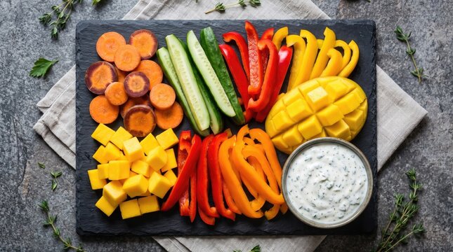 Colorful vegetable platter with dip a healthy appetizer for sharing and snacking