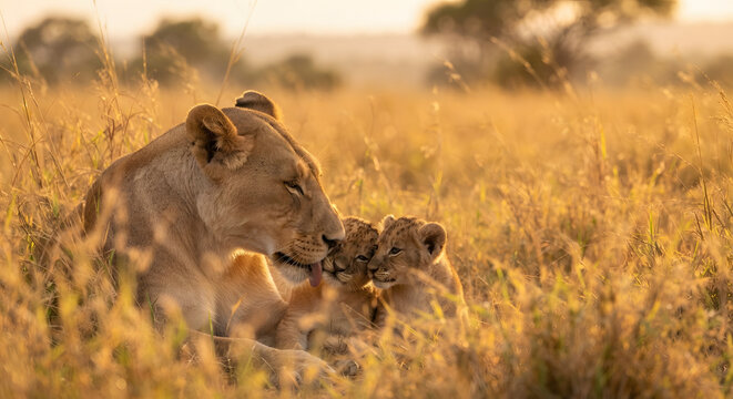 Lioness grooming her cubs in the golden savanna