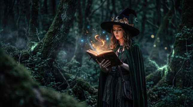 A mysterious witch conjures magic in a dark and enchanted forest setting