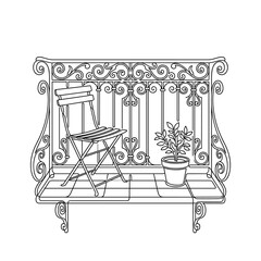 Fototapeta premium European Balcony Folding Chair Potted Plant Ornate Wrought Iron Railing