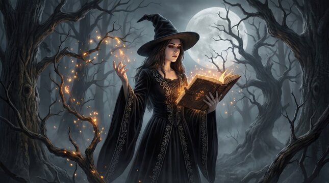 Mystical witch casting a spell under the eerie glow of a full moon
