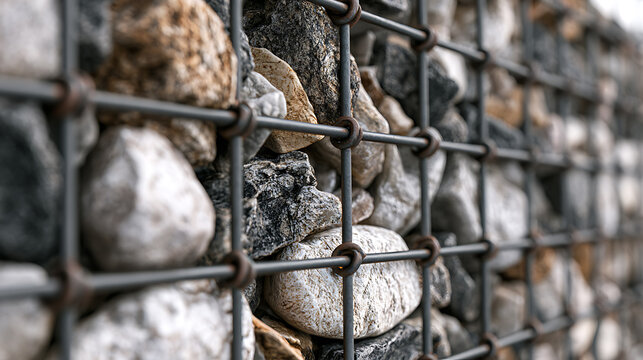 Gabion basket retaining wall detail showcases weathered rocks and metal framework