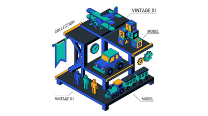 Fototapeta premium Isometric vintage toy collection on display stand featuring a biplane, car, train, and alphabet building blocks