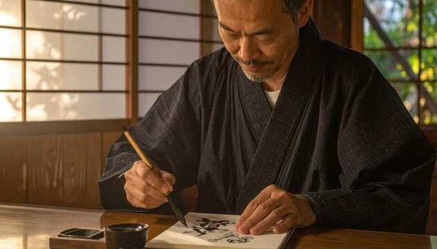 Senior Japanese man practicing calligraphy for mini retirement hobby in traditional house